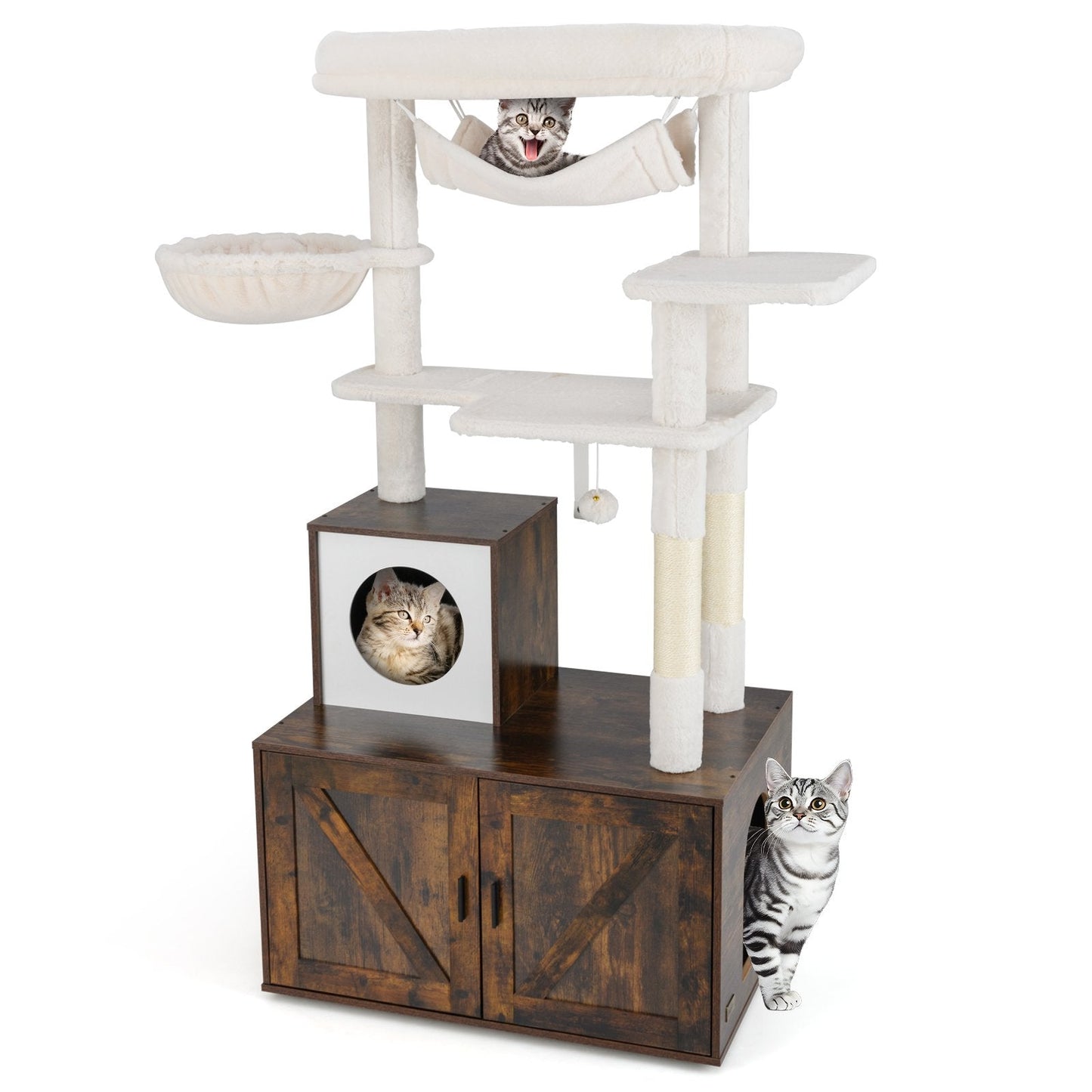 153cm Tall Cat Tree with Litter Box Enclosur Scratching Posts and Hammock-Rustic Brown