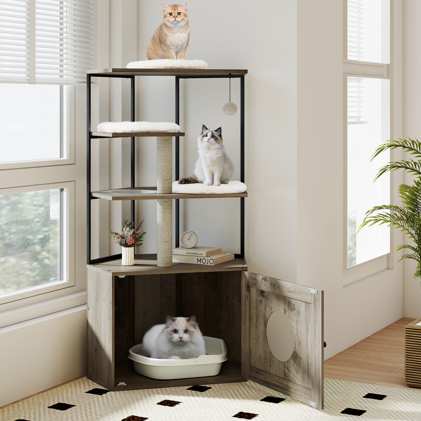 Cat Tree with Litter Box Enclosure with 2 Scratching Posts and 3 Mats-Brown