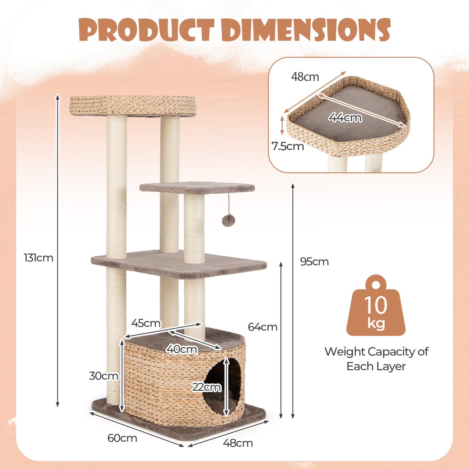 Cattail Cat Tower with Sisal Scratching Posts Perch Condo and Dangling Ball-Coffee