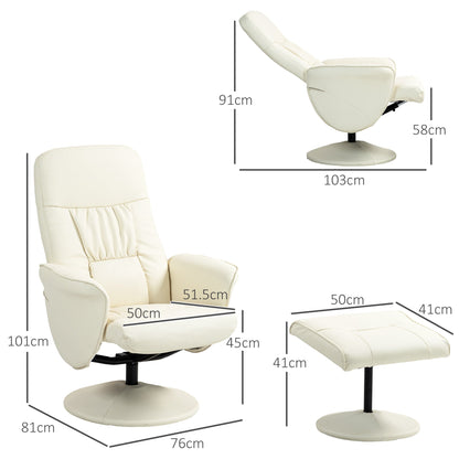 HOMCOM Swivel Recliner Chair with Footstool, PU Leather Armchair and Ottoman with High Back and Round Base for Living Room, Cream White