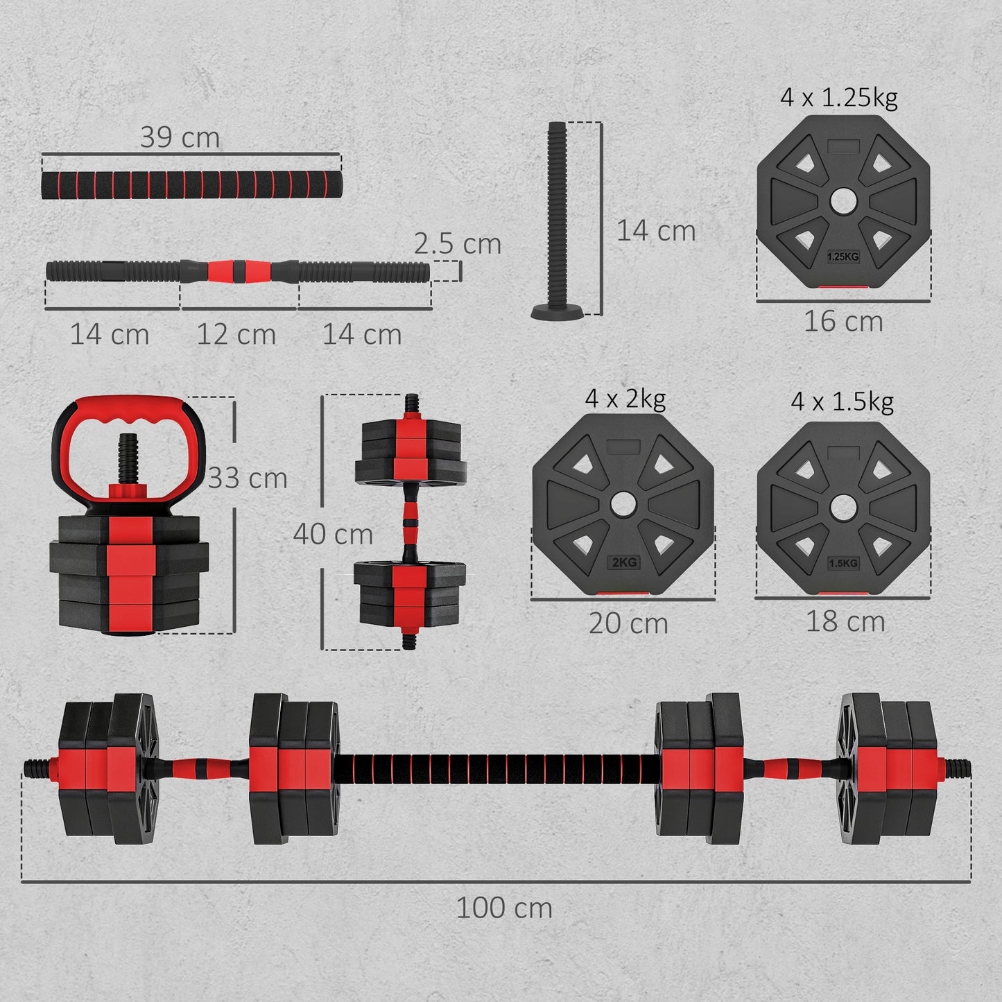 SPORTNOW 6-in-1 Adjustable Weight Dumbbells Set, Used as Kettlebell, Barbell, Dumbbell, Push-Up Stand, 20kg Free Weights Set for Men and Women Home Gym Training, Red
