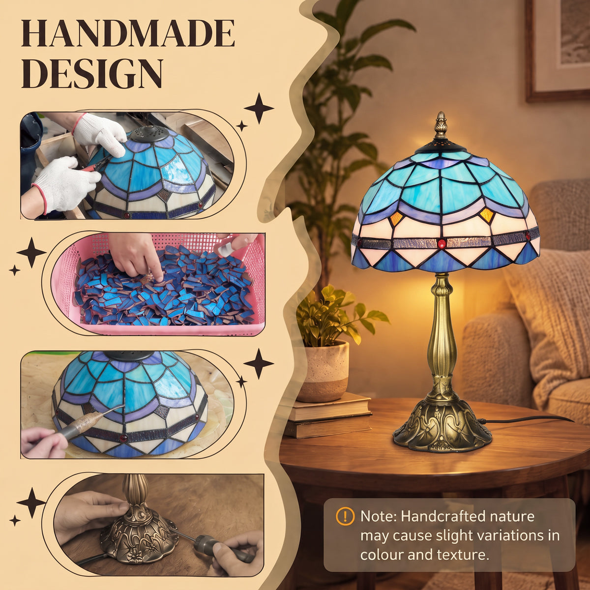 HOMCOM Tiffany Stained Glass Table Lamp, Handmade Antique Bedside Lamp, Decorative Night Light
