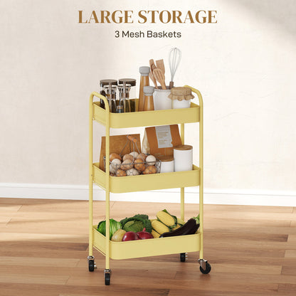 HOMCOM Three-Tier Steel Storage Trolley - Yellow