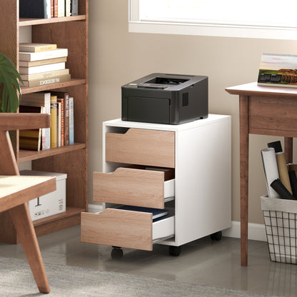 HOMCOM 3 Drawer Mobile File Cabinet, Vertical Filing Cabinet with Wheels for Home Office, Oak