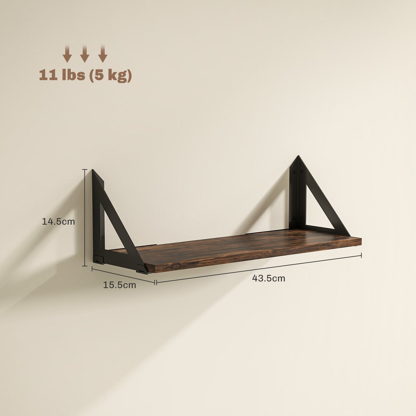 HOMCOM Set of 3 Wall Shelves, 43cm Vintage Wall Mounted Floating Shelves for Living Room, Entryway, Bedroom, Rustic Brown