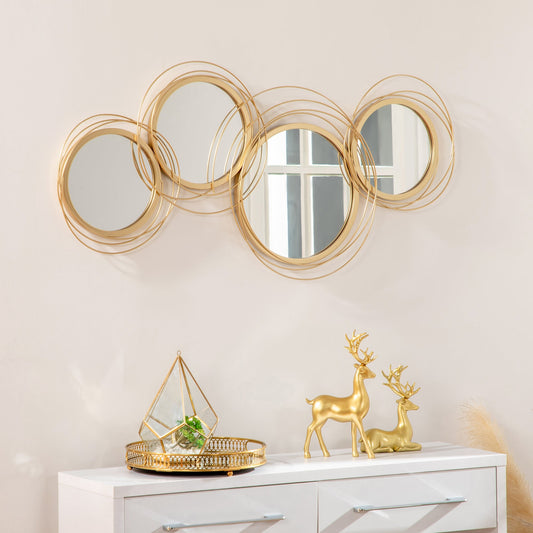 HOMCOM Metal Wall Mirrors, 107cm Modern Decorative Gold Mirror Decor Hanging, Home Wall Sculptures for Living Room Bedroom Dining Room