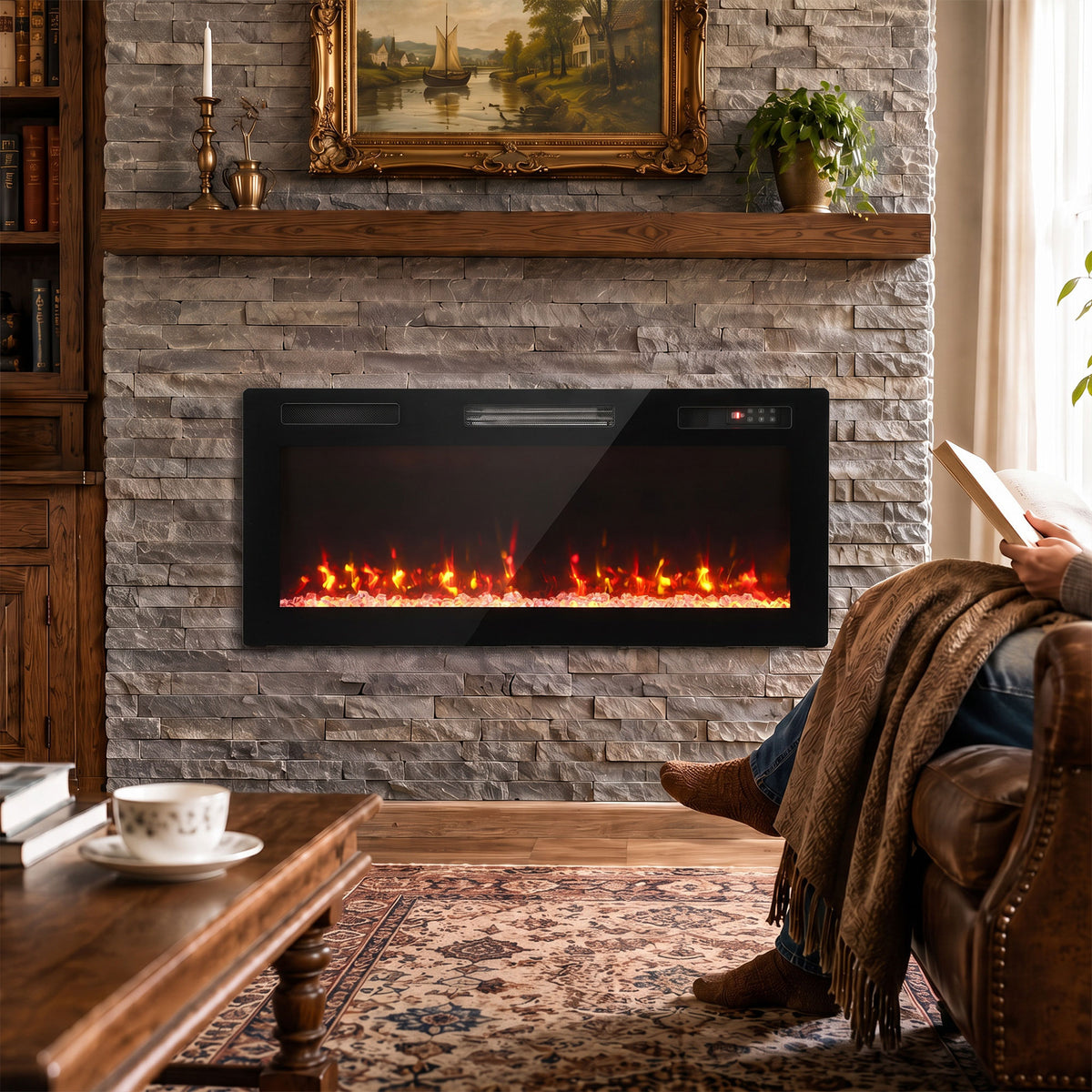 HOMCOM Ultra-Thin Electric Fire Wall Mounted/Recessed/Freestanding 102cm/40" Electric Fireplace with 12 Colours, 5 Brightness