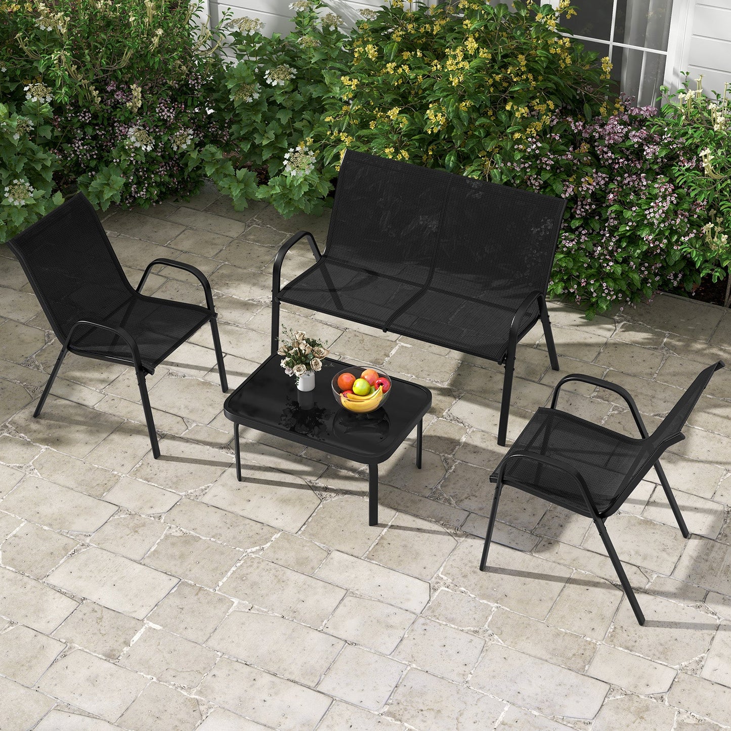 4 Piece Modern Chair and Table Set with Fabric Seat and Tempered Glass Tabletop-Black
