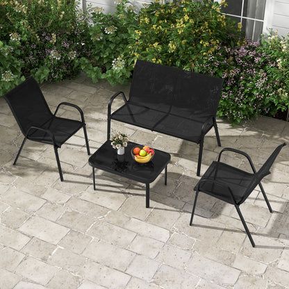 4 Piece Modern Chair and Table Set with Fabric Seat and Tempered Glass Tabletop-Black