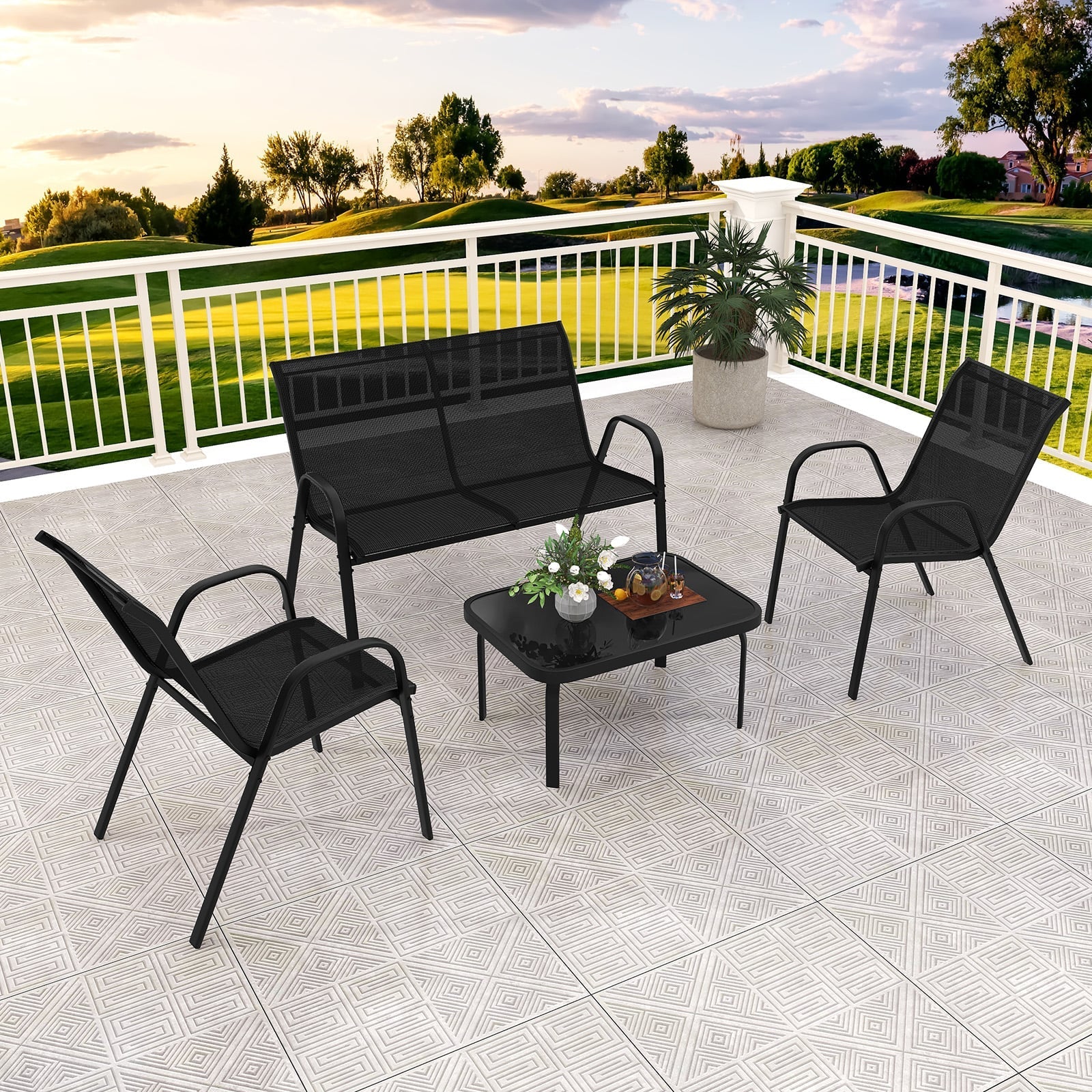 4 Piece Modern Chair and Table Set with Fabric Seat and Tempered Glass Tabletop-Black