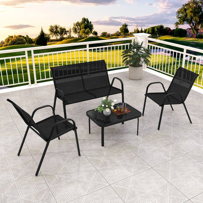 4 Piece Modern Chair and Table Set with Fabric Seat and Tempered Glass Tabletop-Black
