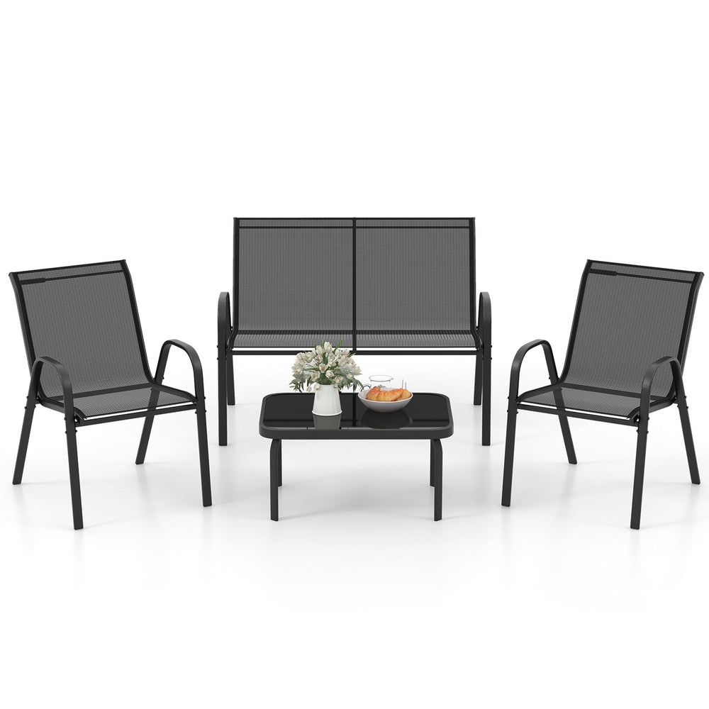 4 Piece Modern Chair and Table Set with Fabric Seat and Tempered Glass Tabletop-Black