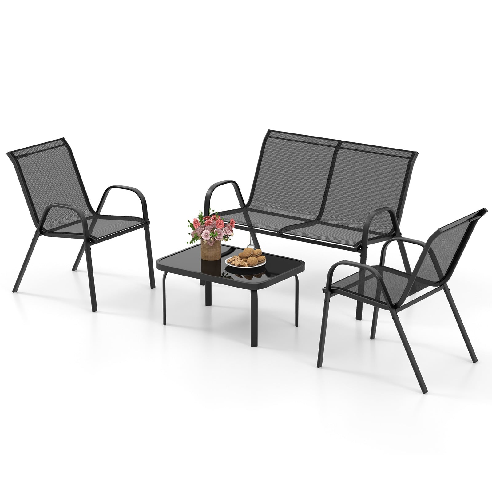 4 Piece Modern Chair and Table Set with Fabric Seat and Tempered Glass Tabletop-Black