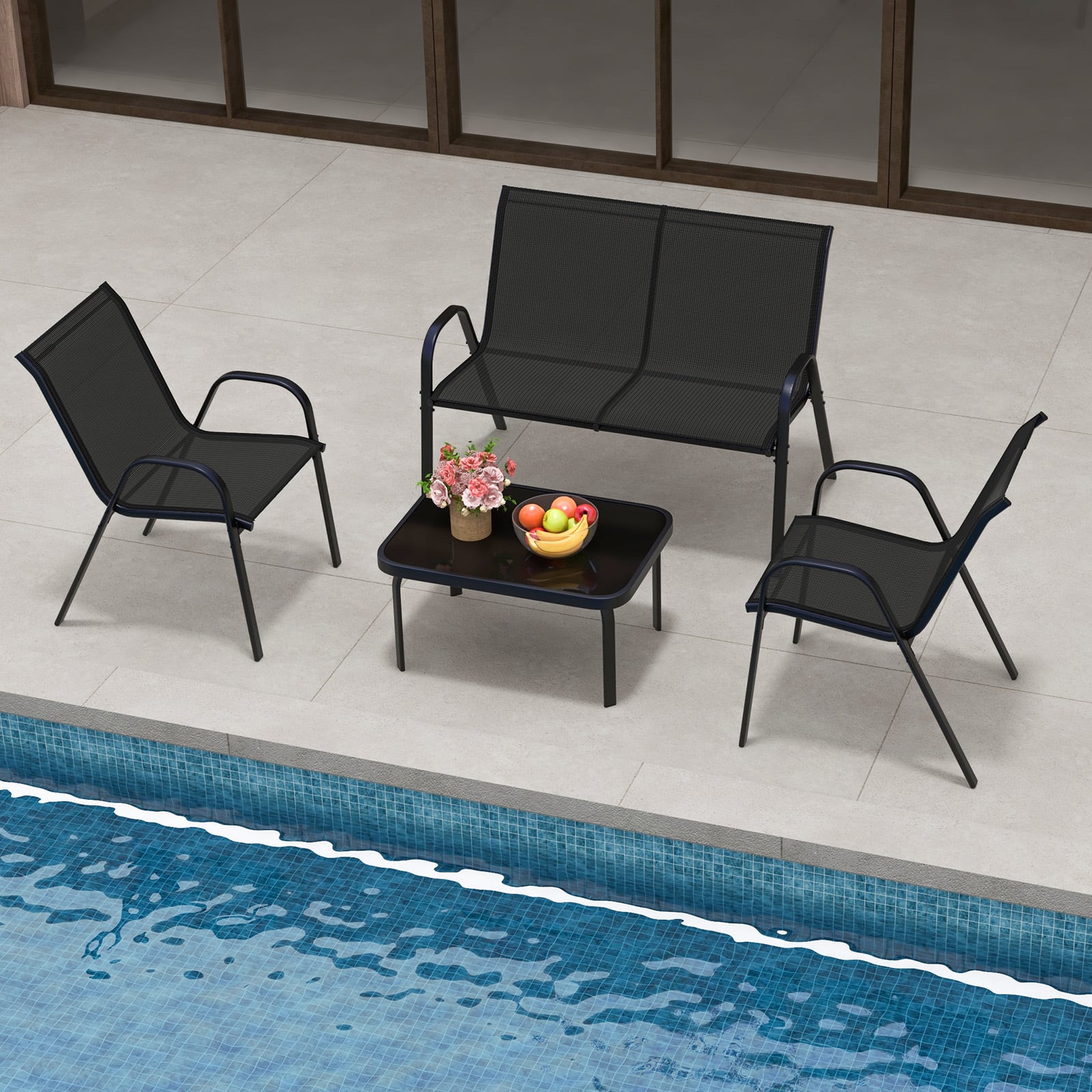 4 Piece Modern Chair and Table Set with Fabric Seat and Tempered Glass Tabletop-Black