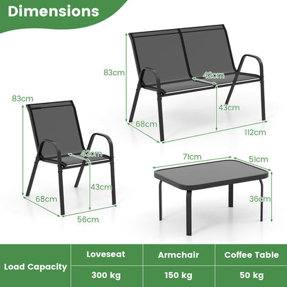 4 Piece Modern Chair and Table Set with Fabric Seat and Tempered Glass Tabletop-Black