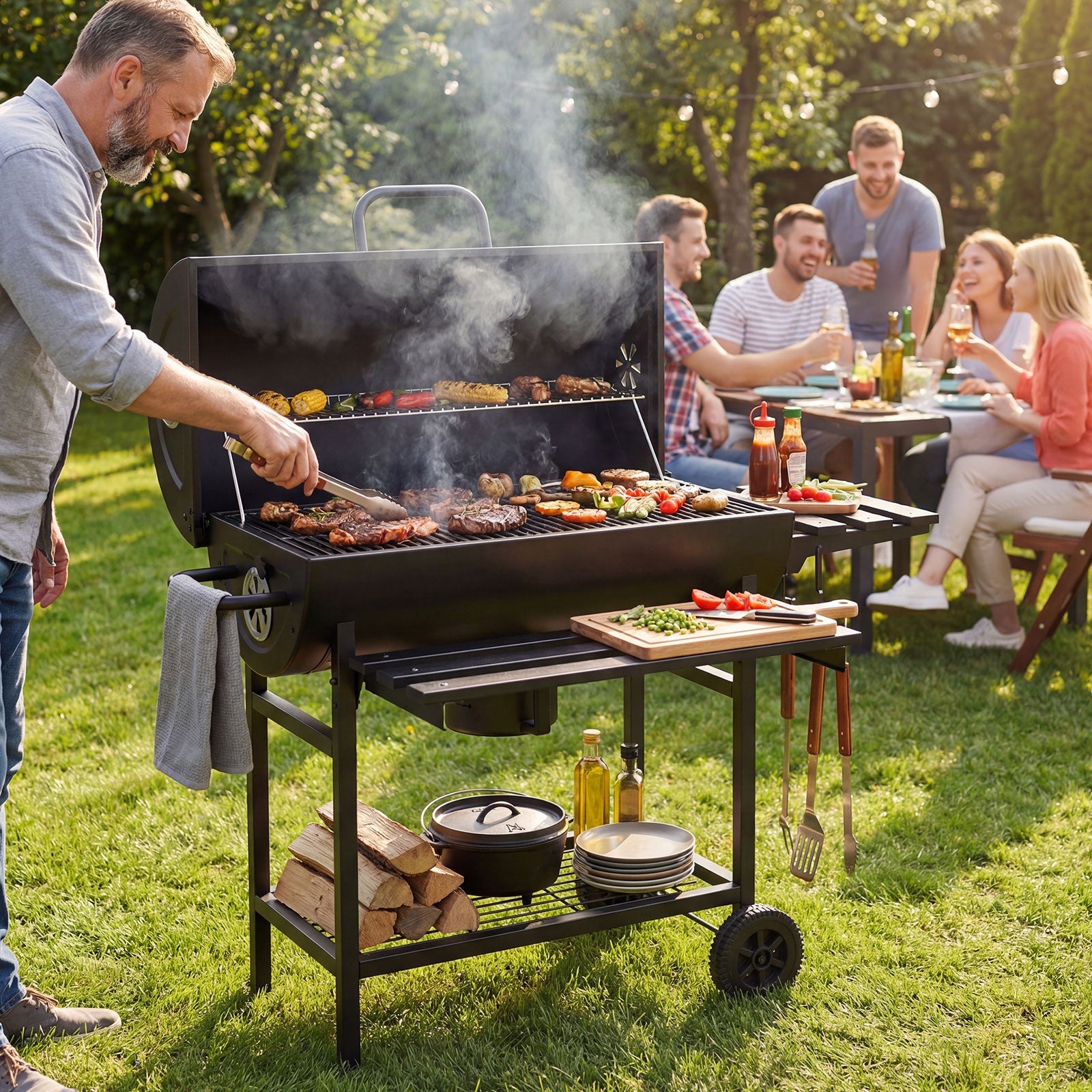 Charcoal BBQ Grill Outdoor Smoker Grill Combo with Thermometer-Black