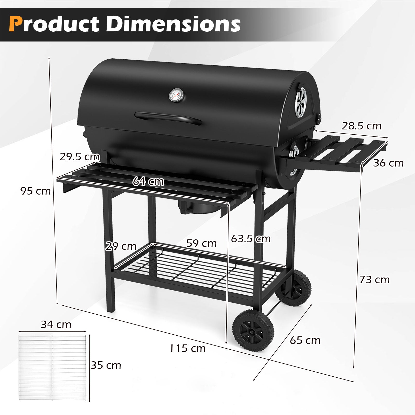 Charcoal BBQ Grill Outdoor Smoker Grill Combo with Thermometer-Black