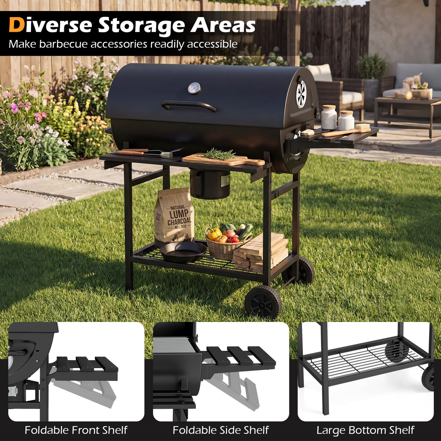 Charcoal BBQ Grill Outdoor Smoker Grill Combo with Thermometer-Black