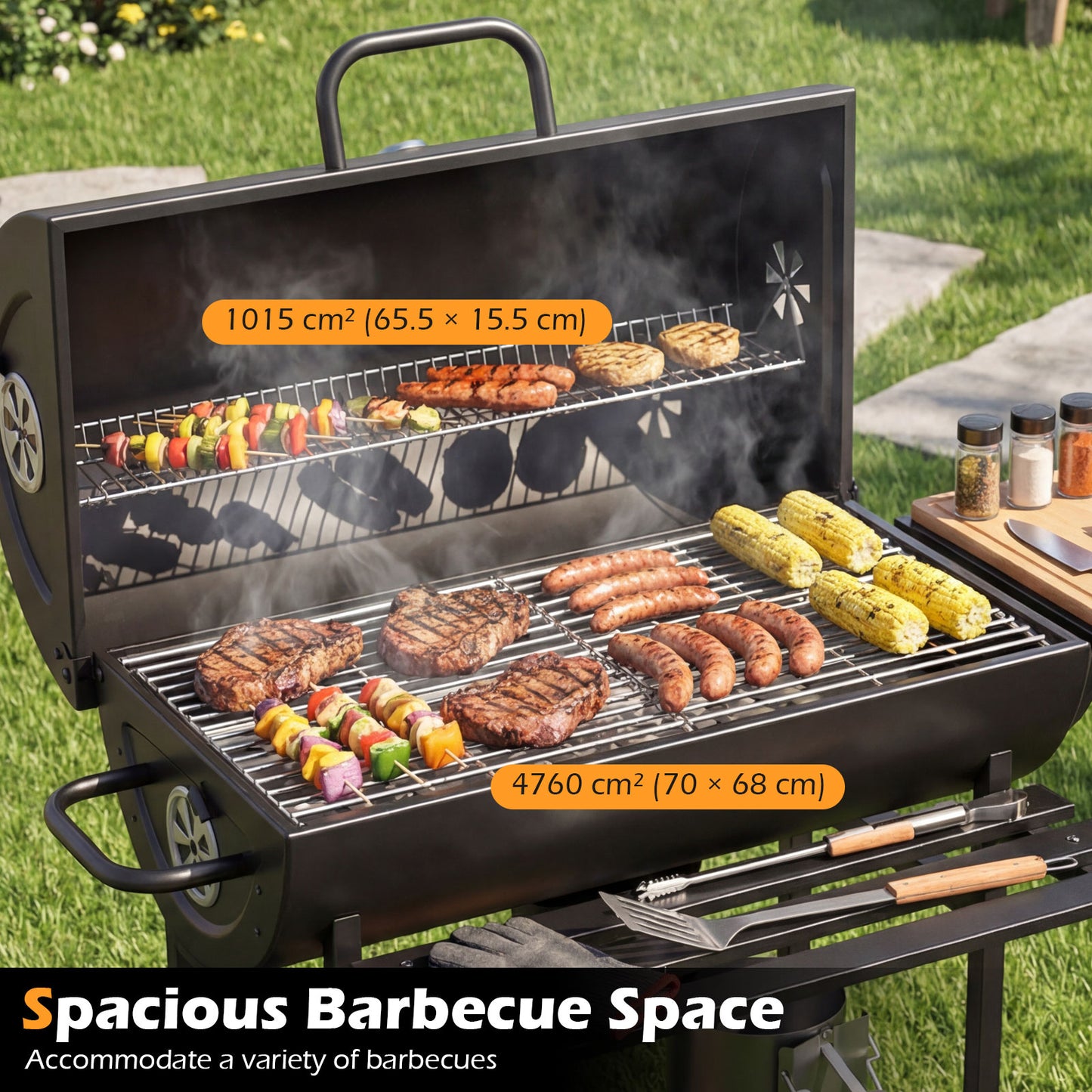 Charcoal BBQ Grill Outdoor Smoker Grill Combo with Thermometer-Black