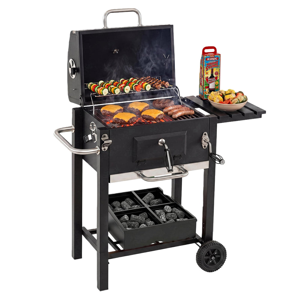 Charcoal Grill with Wheels Portable BBQ Grill with Adjustable Charcoal Tray-Black
