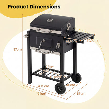 Charcoal Grill with Wheels Portable BBQ Grill with Adjustable Charcoal Tray-Black
