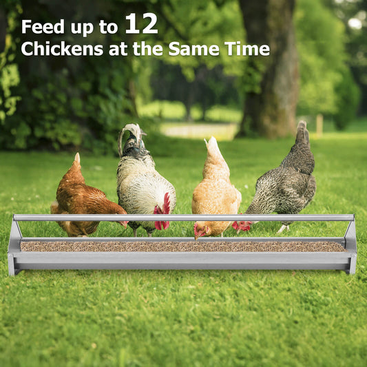 Steel Chicken Feeding Trough with Crossbar and Drainage Holes-Silver