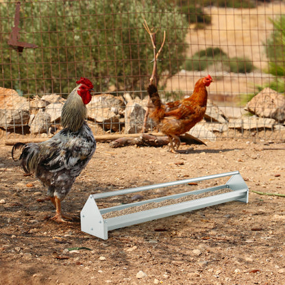 Steel Chicken Feeding Trough with Crossbar and Drainage Holes-Silver