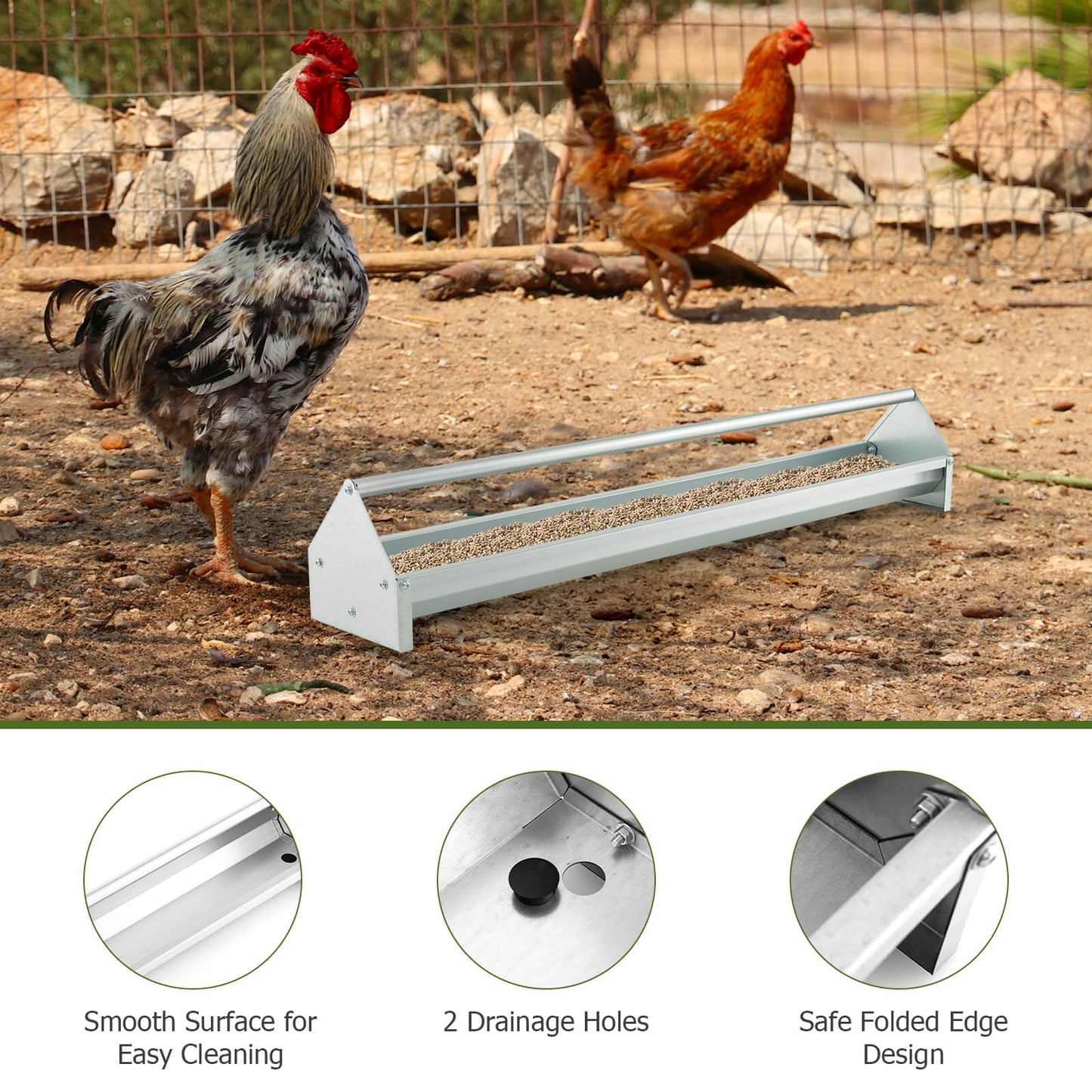 Steel Chicken Feeding Trough with Crossbar and Drainage Holes-Silver