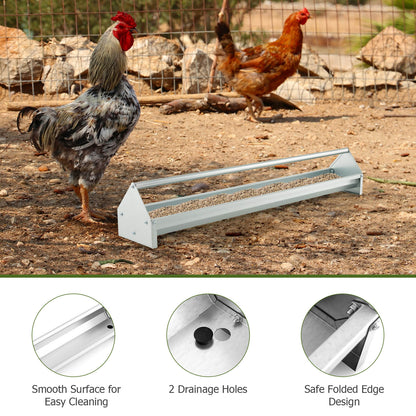 Steel Chicken Feeding Trough with Crossbar and Drainage Holes-Silver
