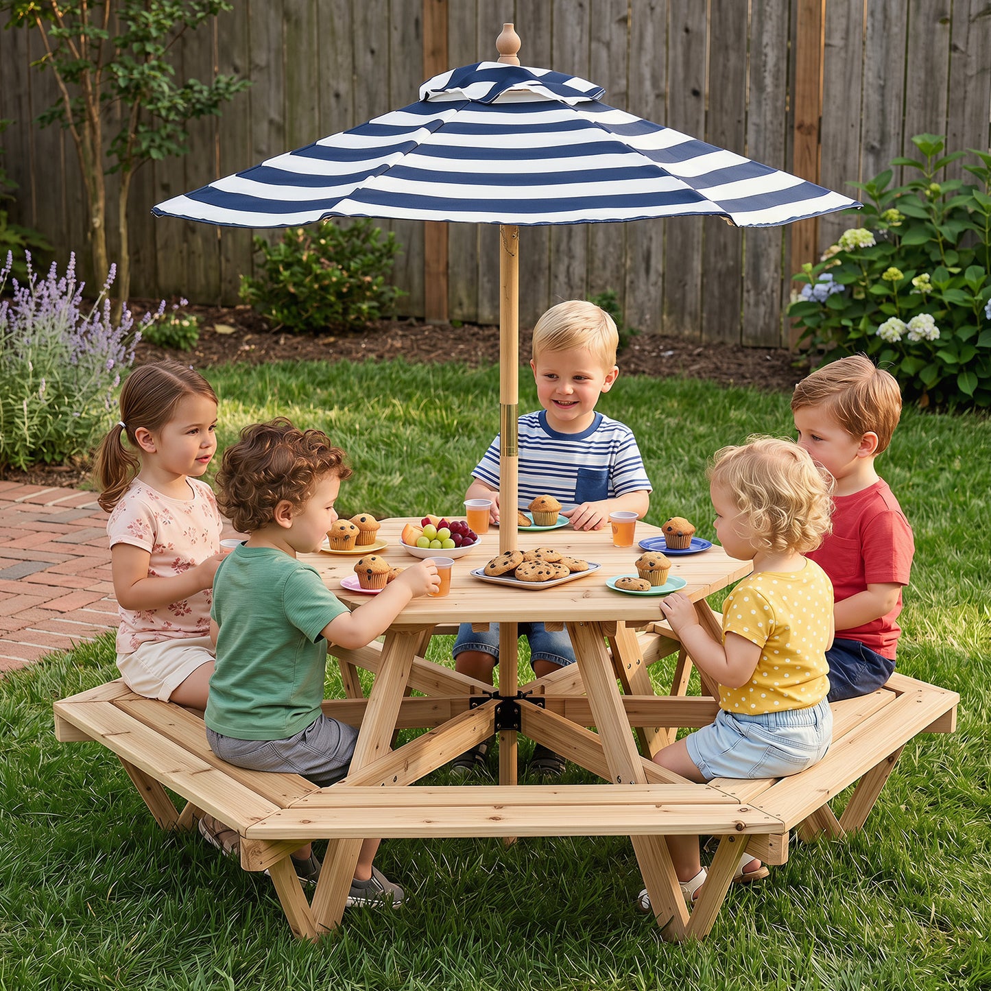Children Activity Table with Chairs and Umbrella for Backyard or Patio Use-Natural