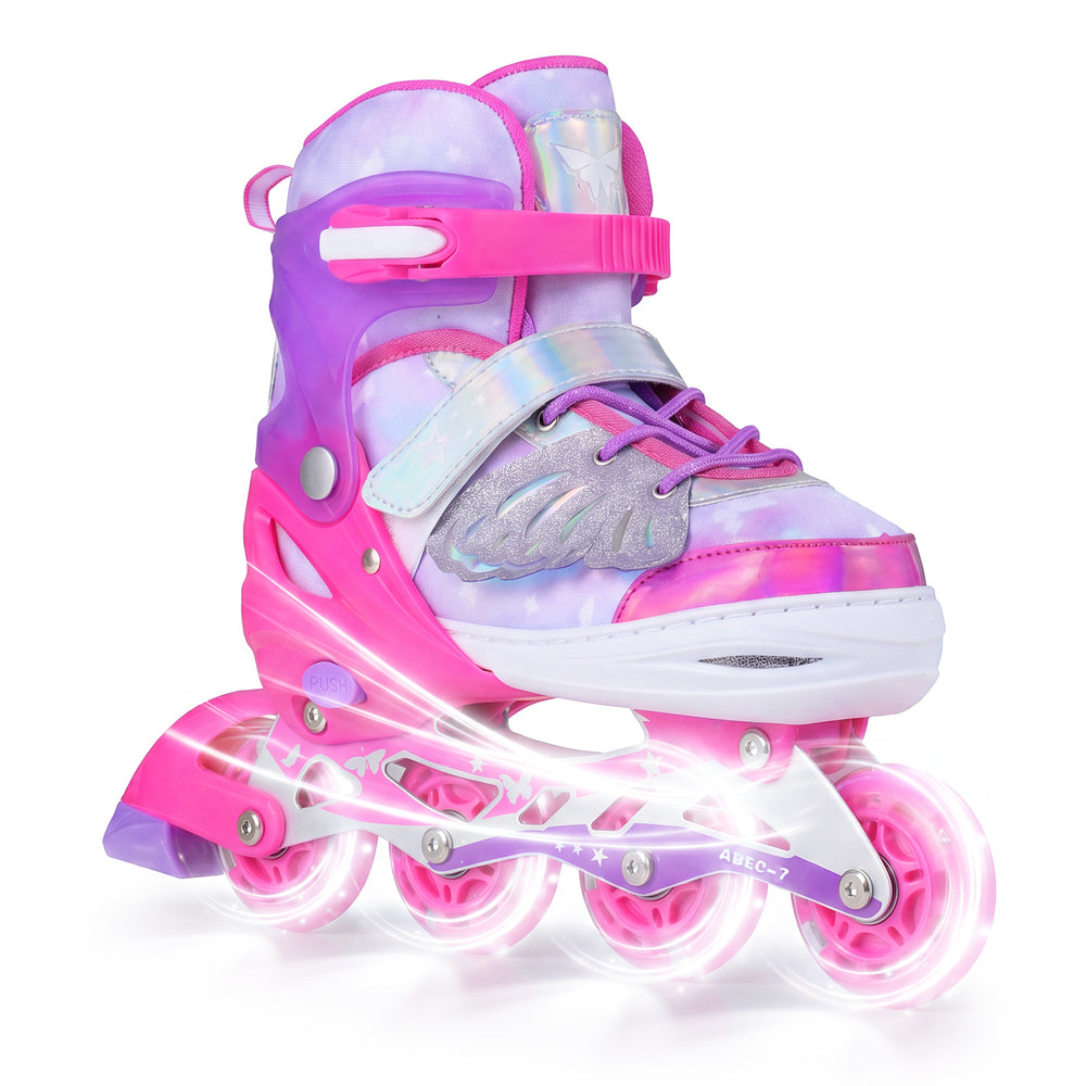 Children Roller Blades with Full Light Up PU Wheels and Brake for Beginners-Pink