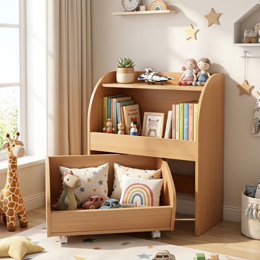 Children's Toy Storage Shelf with 2 Open Shelves and a Wheeled Drawer for Children's Bedroom-Natrual