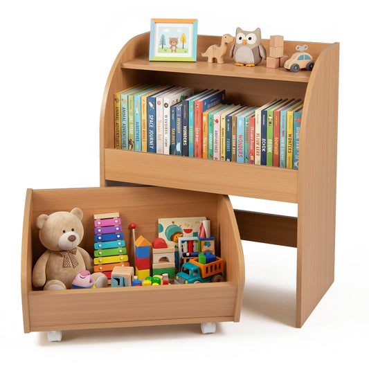 Children's Toy Storage Shelf with 2 Open Shelves and a Wheeled Drawer for Children's Bedroom-Natrual