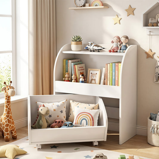 Children's Toy Storage Shelf with 2 Open Shelves and a Wheeled Drawer for Children's Bedroom-White