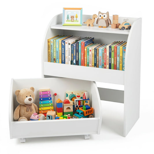 Children's Toy Storage Shelf with 2 Open Shelves and a Wheeled Drawer for Children's Bedroom-White