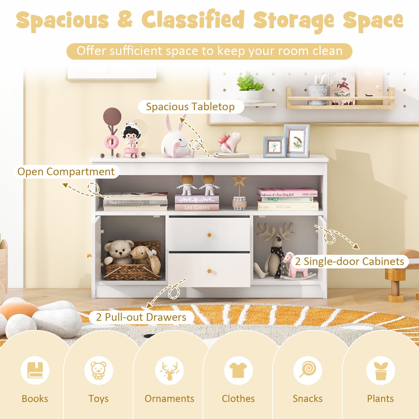 Wooden Kids Toy Children Bookshelf Storage Chest with Open Shelf-White