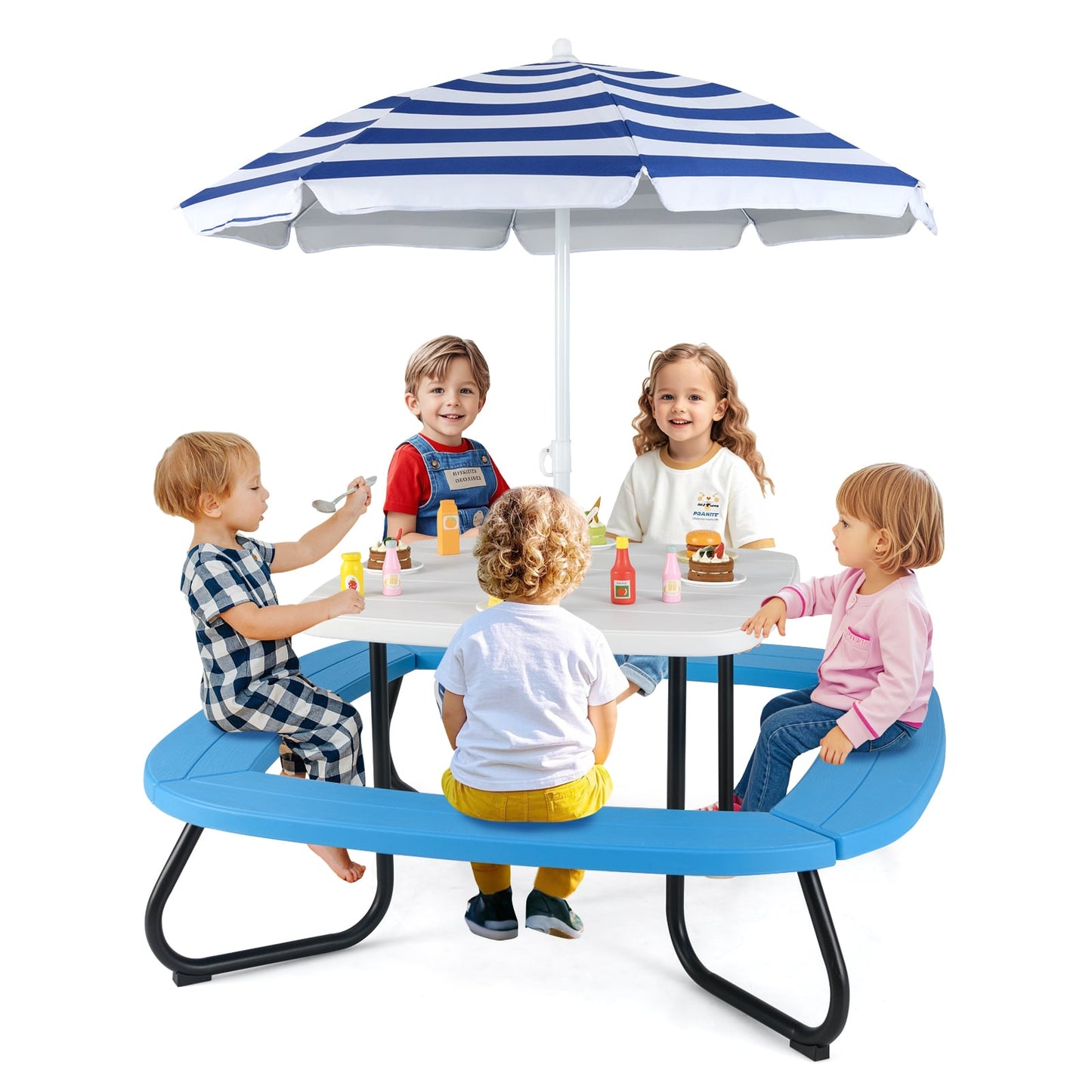 Children HDPE Kids Picnic Table with Height Adjustable Umbrella-White