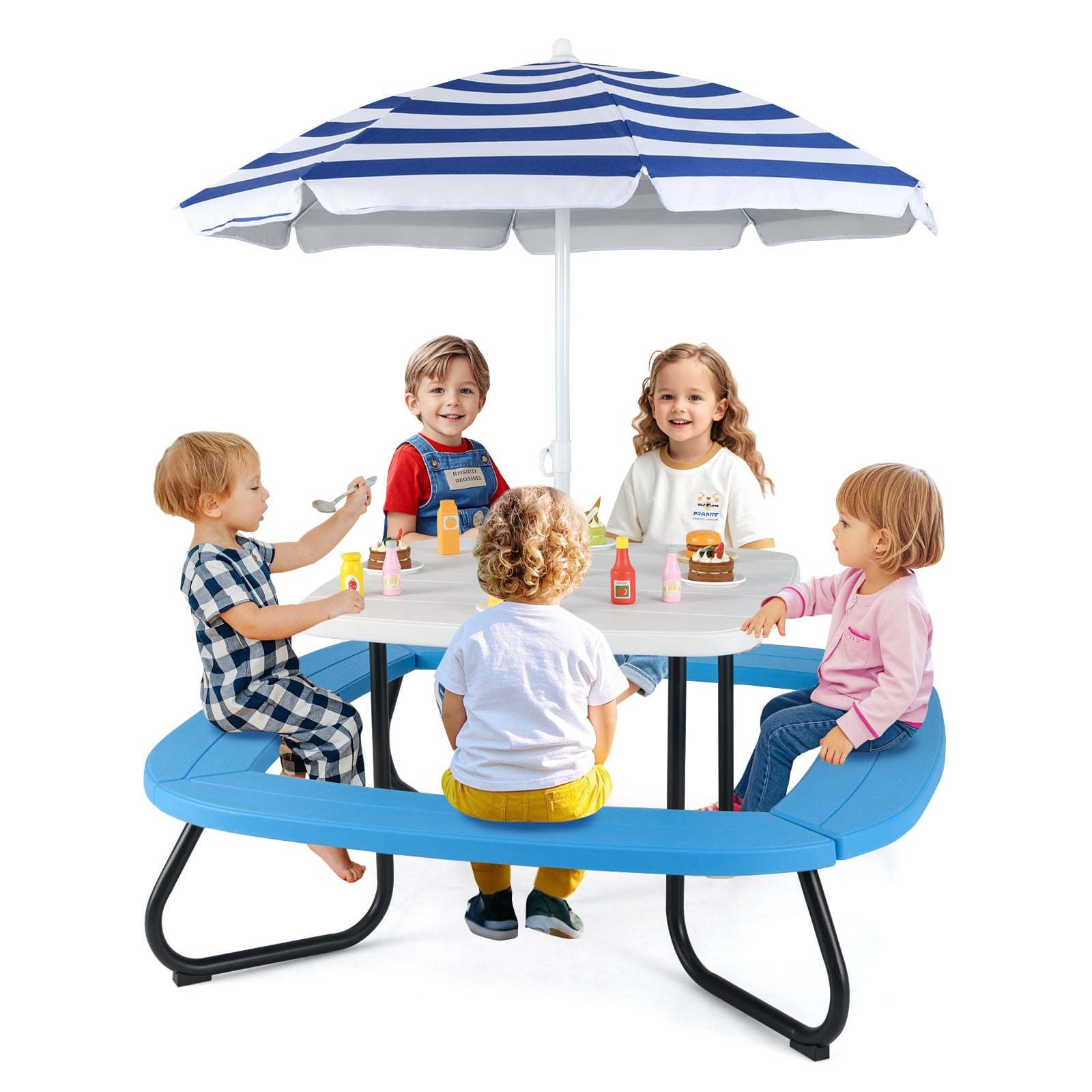 Children HDPE Kids Picnic Table with Height Adjustable Umbrella-White