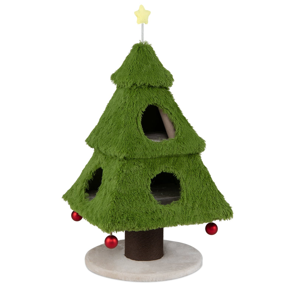 Christmas Cat Tree with Scratching Post and Dangling Balls-Green