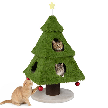 Christmas Cat Tree with Scratching Post and Dangling Balls-Green