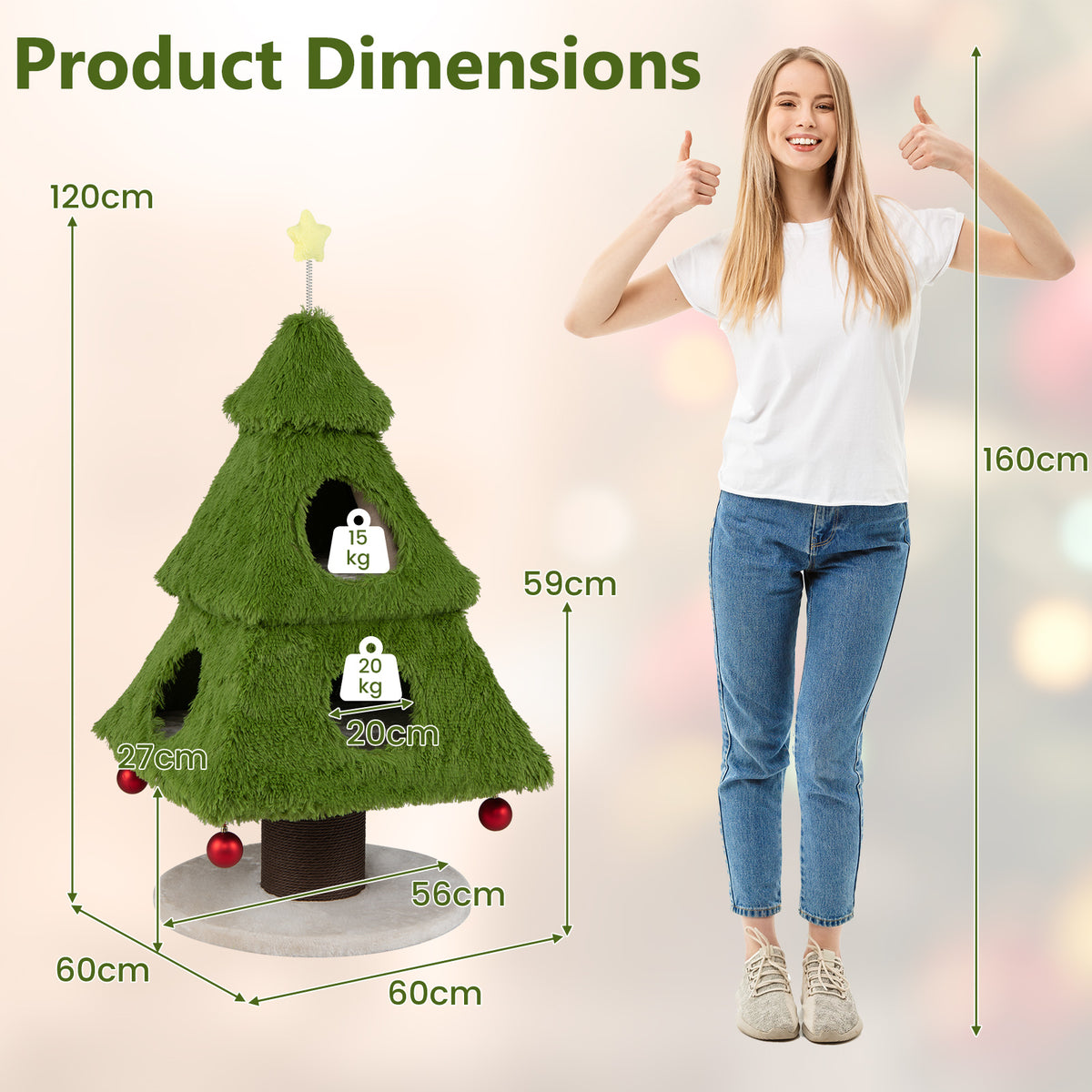 Christmas Cat Tree with Scratching Post and Dangling Balls-Green