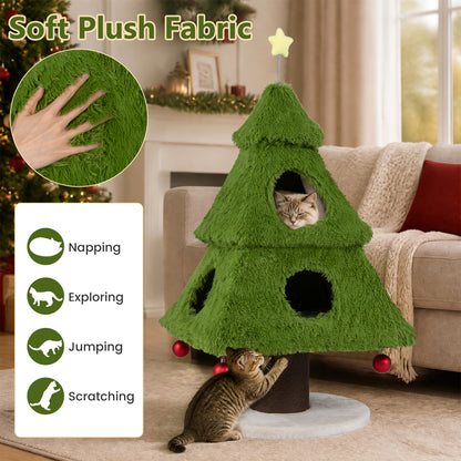 Christmas Cat Tree with Scratching Post and Dangling Balls-Green