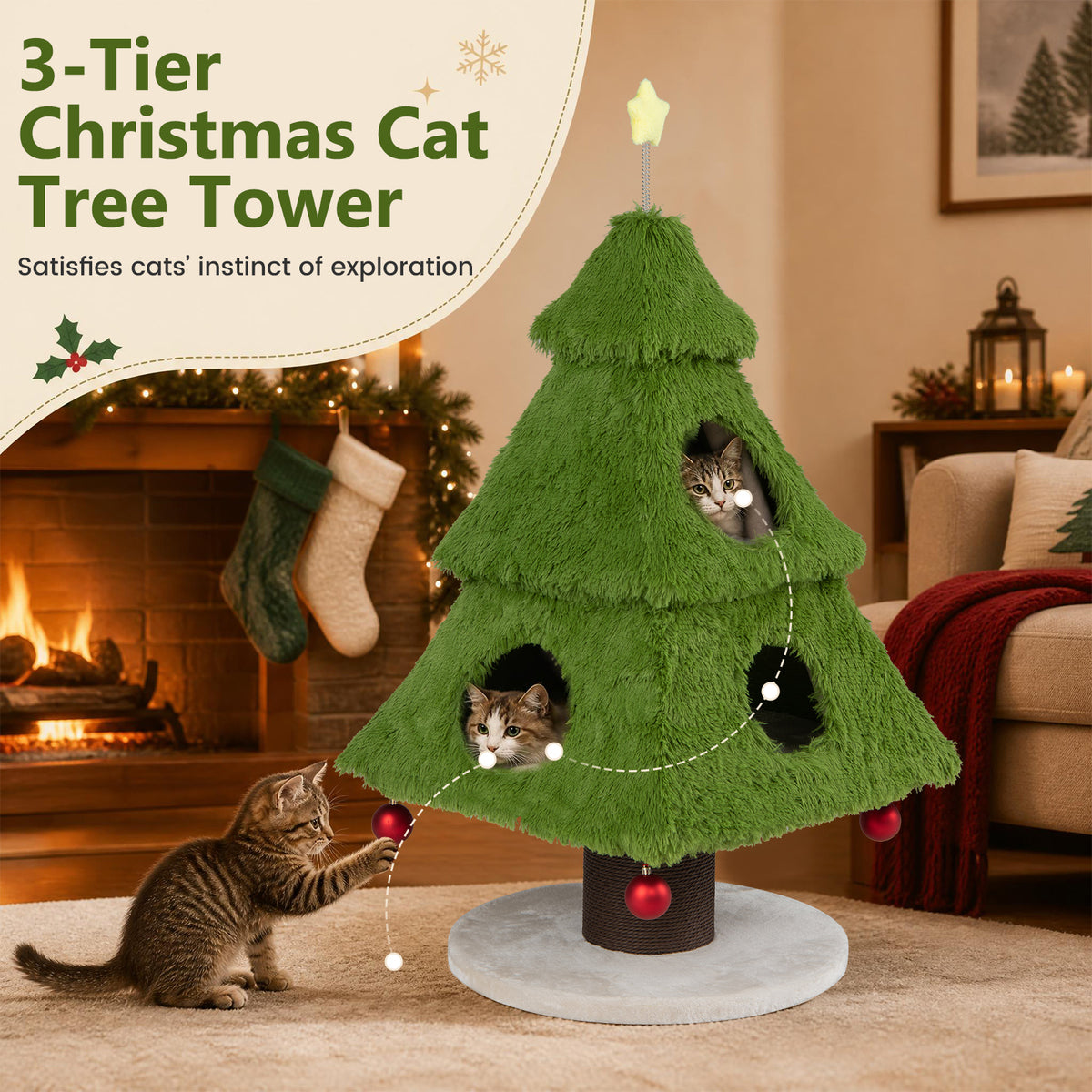 Christmas Cat Tree with Scratching Post and Dangling Balls-Green