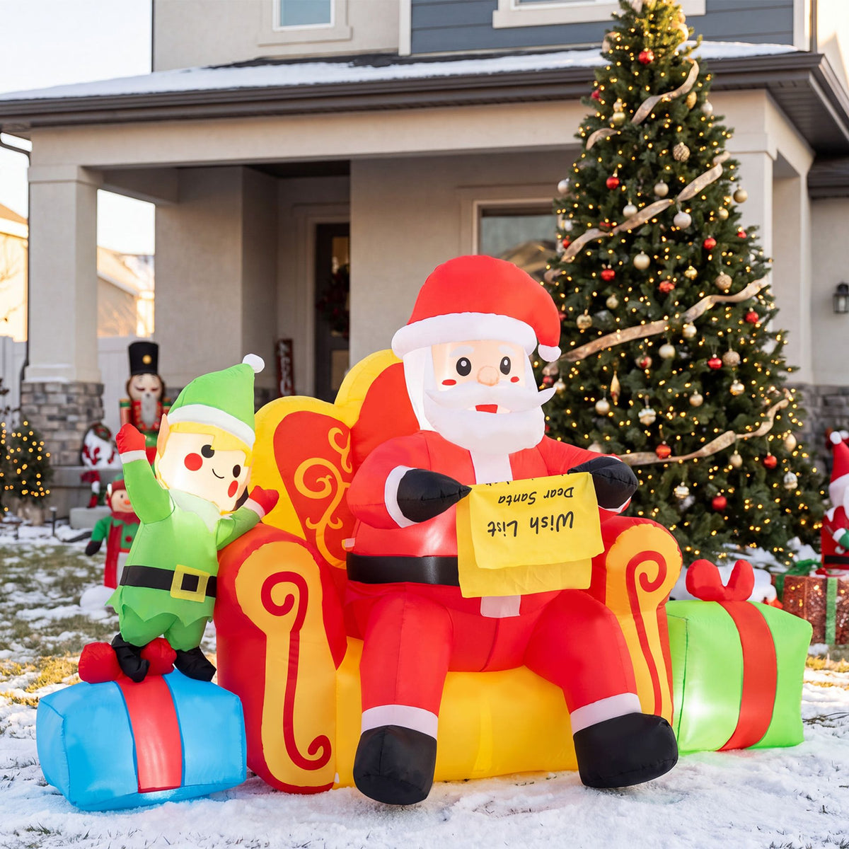Christmas Inflatable Santa Claus on Sofa with Elf and Gift Boxes Built-in LED Lights
