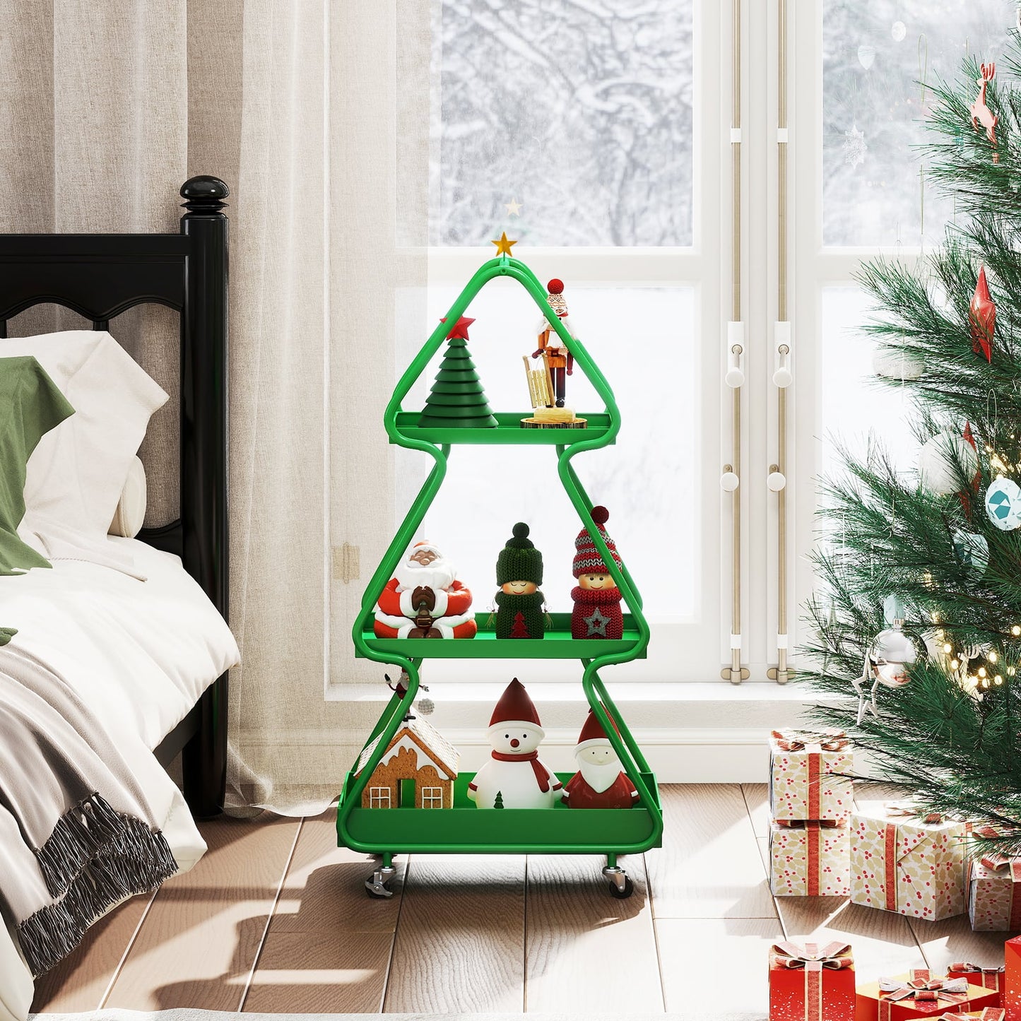 Christmas Tree Storage Cart 3-Tier Rolling Xmas Cart with Topper Star-Green