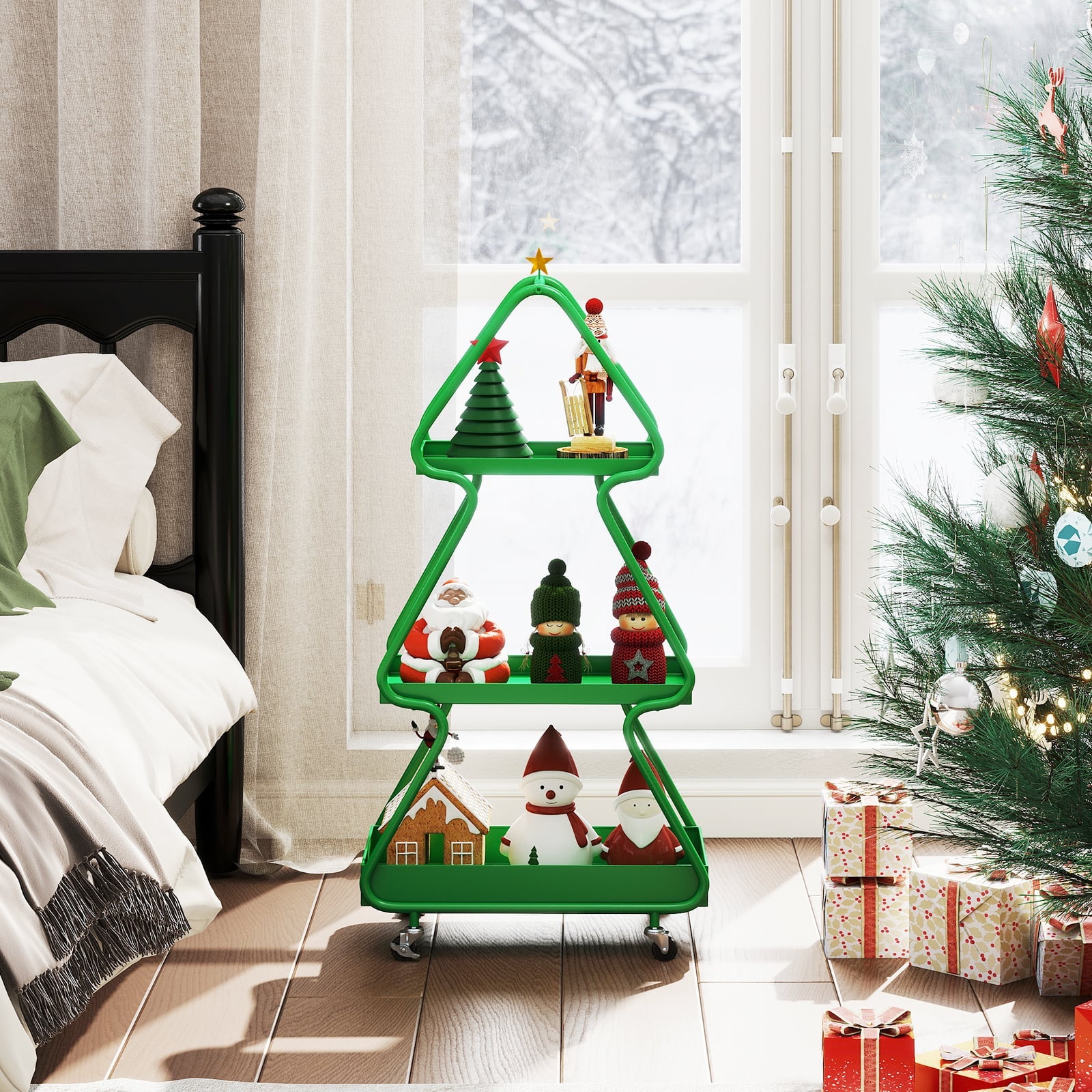 Christmas Tree Storage Cart 3-Tier Rolling Xmas Cart with Topper Star-Green