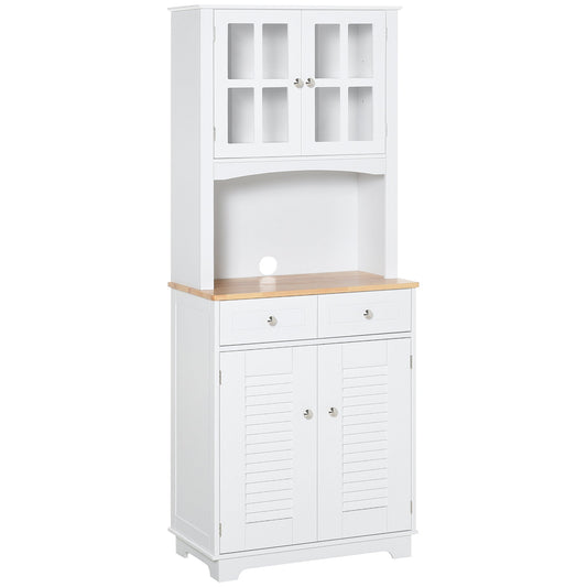 HOMCOM Modern Kitchen Cupboard, Louvered Kitchen Storage Cabinet with Framed Glass Doors and 2 Drawers, White