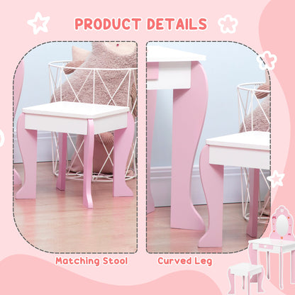 ZONEKIZ Kids Dressing Table Set Kids Vanity Set Girl Makeup Desk with Mirror Stool Drawer Cute Patterns for 3-6 Years Old, Pink