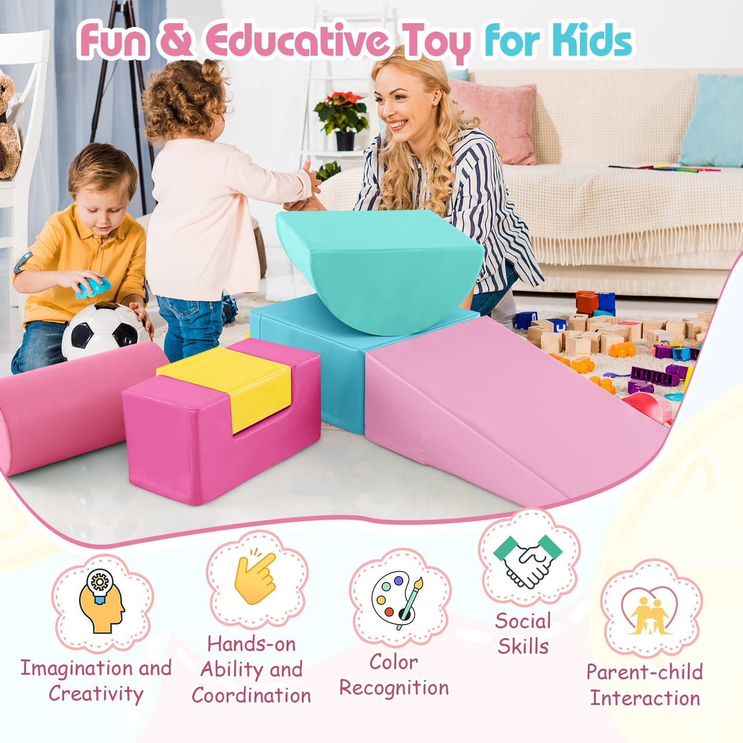 Foam Climbing Blocks with PU Cover for Toddlers 1-3-Pink