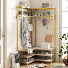 L-shaped Clothes Corner Garment Rack with Open Shelves and 7 Hooks-White